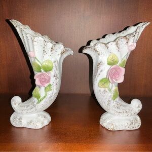 Vintage Lefton White Poreclain Cornucopia Vases with Pink Rose Accents